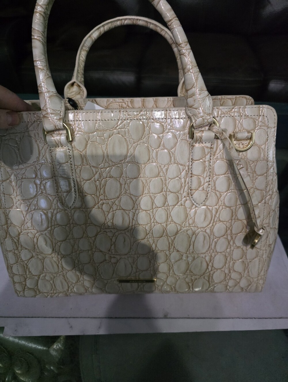 New Brahmin Finley Cream Croc-Embossed Structured Satchel